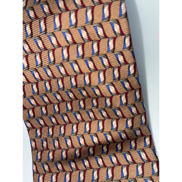 Bijoux Terner Mens Silk Necktie Tan Blue Burgundy Geometric Wave Pattern 4 Inch - Picture 8 of 8